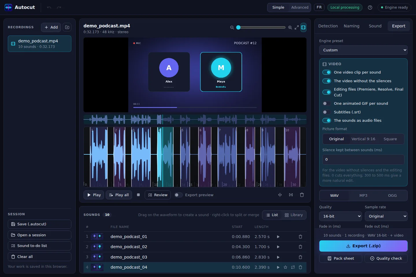 Lo studio di Otocut con un video diviso in frasi e le opzioni dei sottotitoli