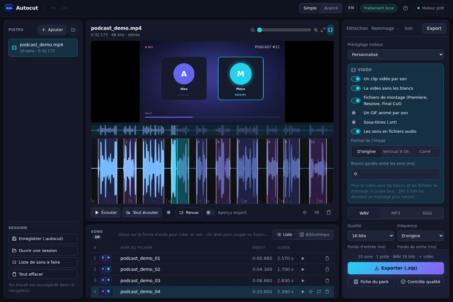 Le studio Otocut avec une vidéo découpée en phrases et les options de sous-titres