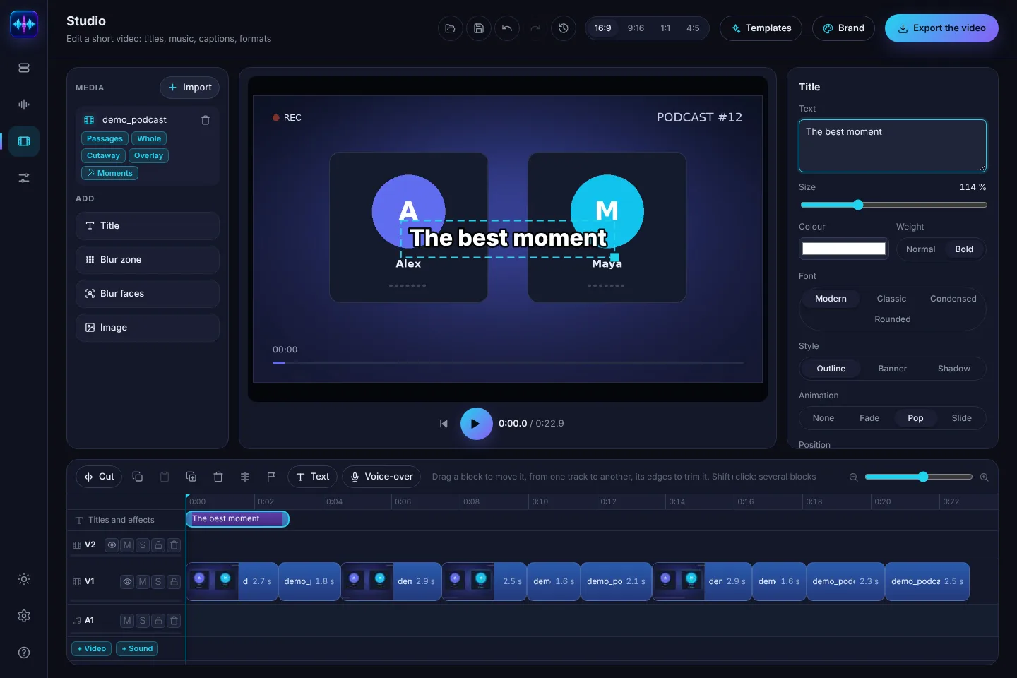 El Studio de Otocut: un título sobre el vídeo, la línea de tiempo debajo