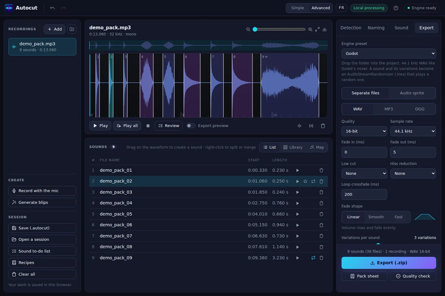 La exportación de Otocut con varias variaciones por sonido