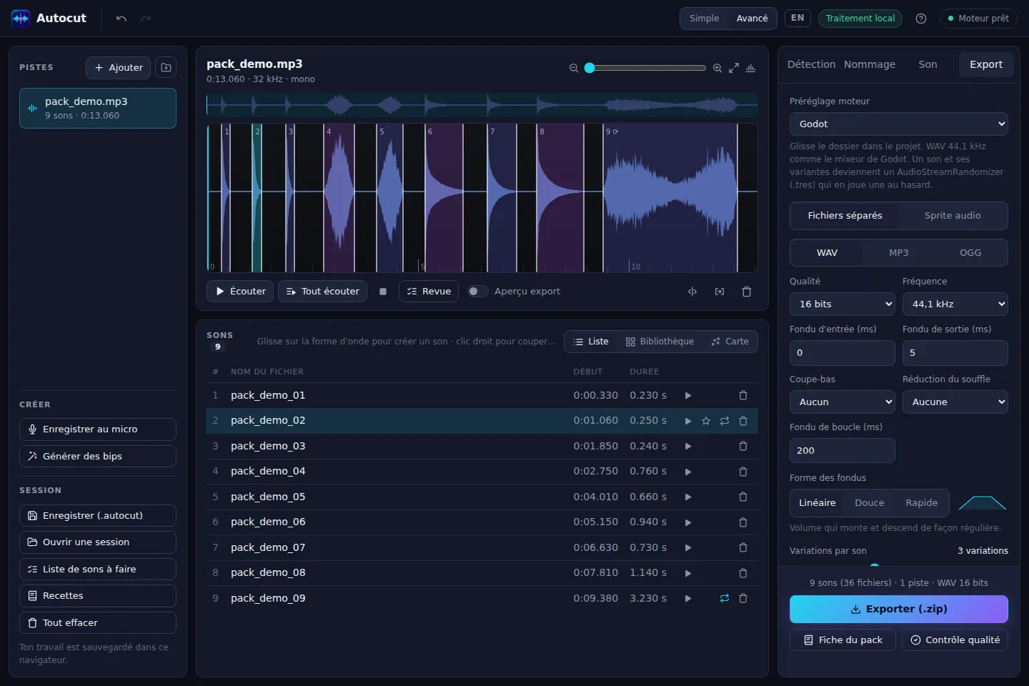 L'export Godot d'Otocut avec trois variations par son et une boucle