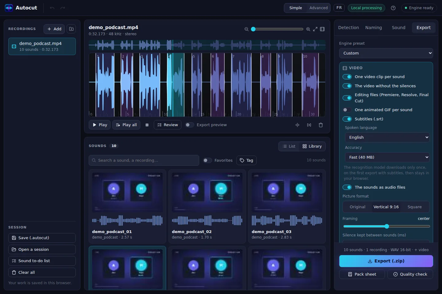 Die Clips eines Videos in der Otocut-Bibliothek, Hochkant-Export mit Untertiteln